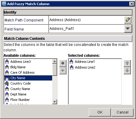 The Add Fuzzy Match Column dialog box shows the Address base object as a match path component. 
						