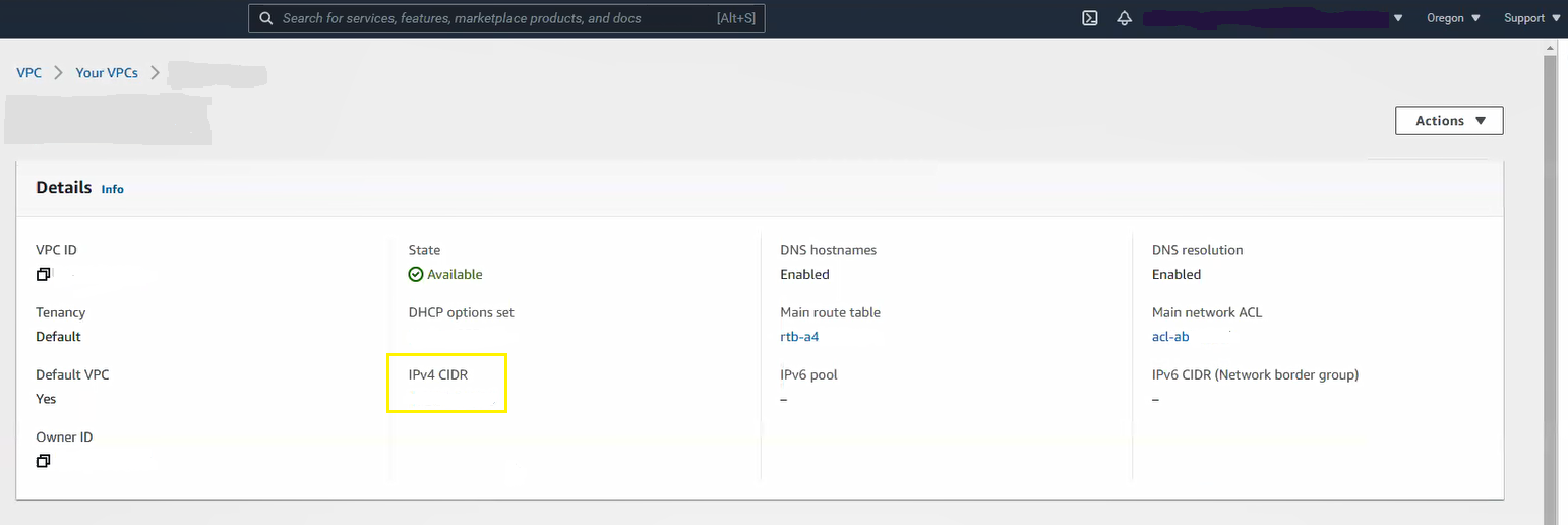 Copy the IPV4 CIDR value for the VPC created. 
				