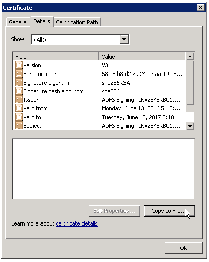 The Details tab in the Certificate dialog contains details for the selected certificate.
				  