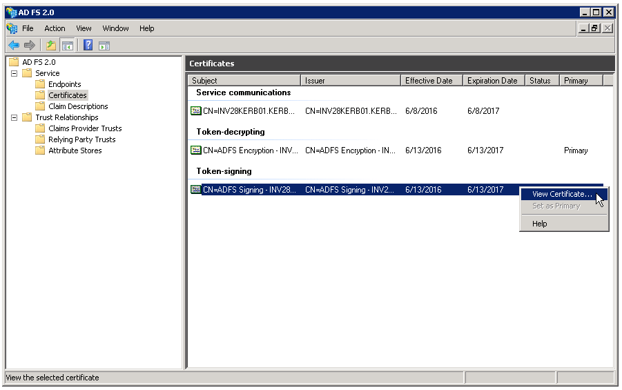 The Certificates pane in the AD FS Management Console contains available certificates.
				  