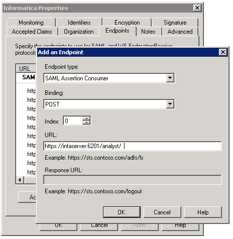 The Add an Endpoint dialog box is used to specify the endpoint URLs for Informatica web applications that use SAML-based single sign-on. 
				  