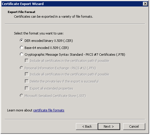 The Certificate Export Wizard contains the available file export options.
				  