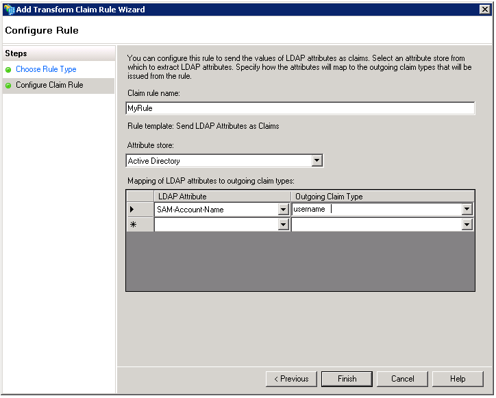 The Configure Rule Template pane of the Add Transform Claim Rule Wizard is used to specify how LDAP attributes map to outgoing claim types issued from the rule. 
				  