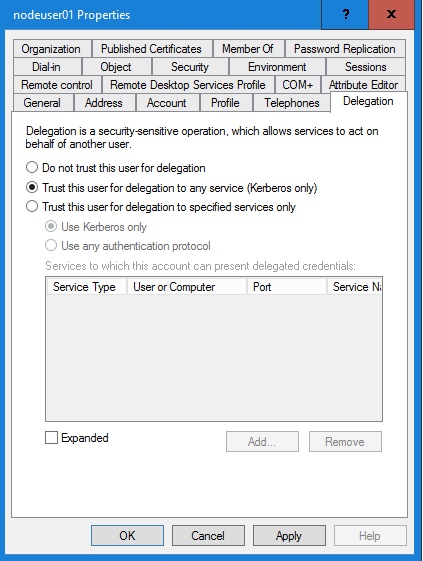 On the Delegation tab in the user account properties dialog box in Active Directory, select the Trust this user for delegation to any service (Kerberos only) option for each Kerberos principal user account that you created.