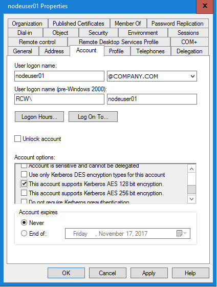 The Kerberos AES 128-bit encryption option is selected in the account properties dialog box for the nodeuser01 user account in Active Directory.