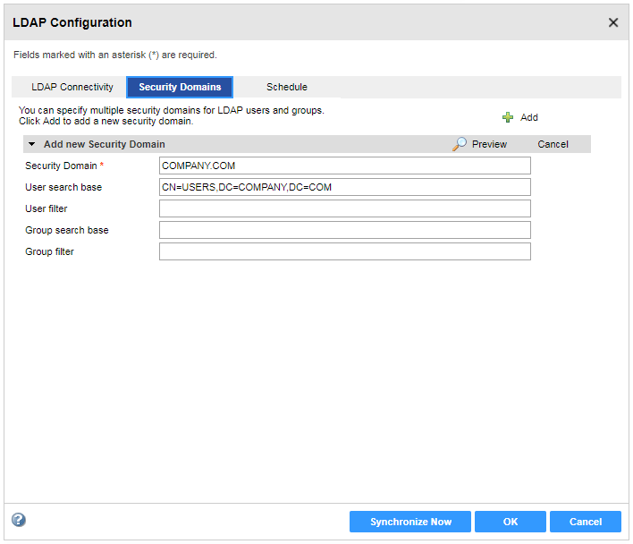 Im Dialogfeld „Sicherheitsdomänen“ werden die Details für die Sicherheitsdomäne COMPANY.COM LDAP angezeigt.