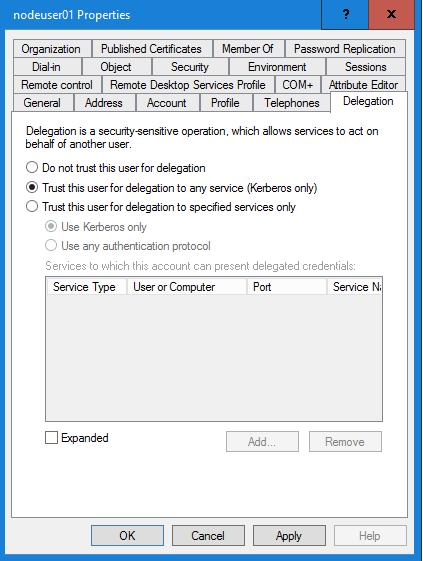 Dans l'onglet Délégation de la boîte de dialogue des propriétés du compte utilisateur dans Active Directory, sélectionnez l'option Approuver cet utilisateur pour la délégation à tous les services (Kerberos uniquement) pour chaque compte utilisateur de principal Kerberos que vous avez créé.