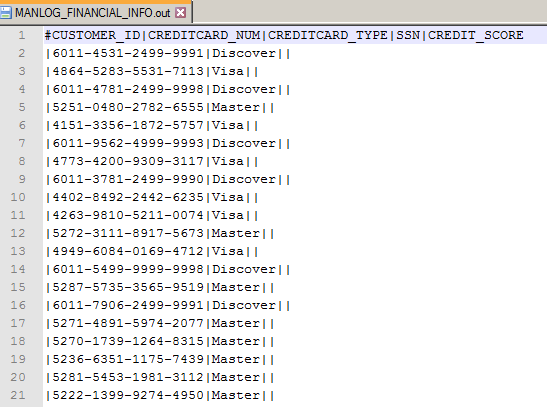 The sample output image of the flat file contains the generated test data in CREDTCARD_NUM and CREDITCARD_TYPE columns. 
			 