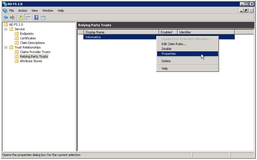 The Relying Party Trusts pane of the AD FS Management Console contains relying trusts available in the AD FS configuration database. 
				  