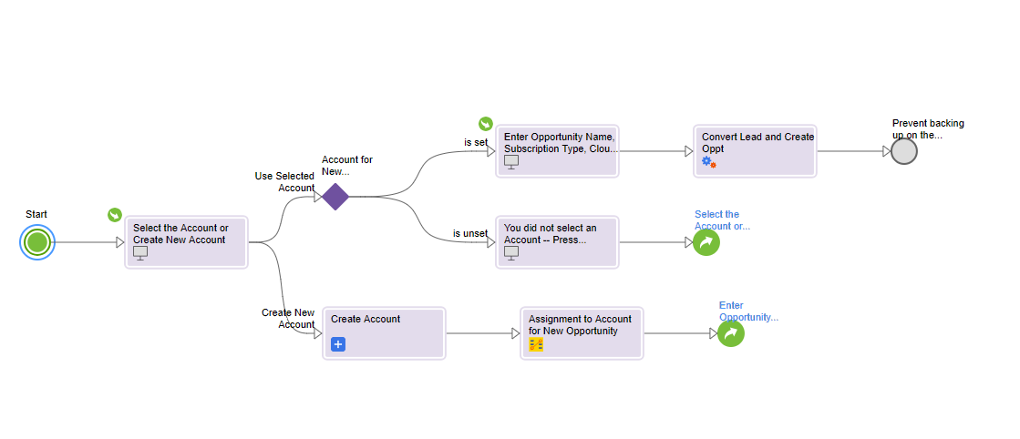 This image shows the canvas view of a guide that automates the process a sales Manager follows to create or update an account. 
				