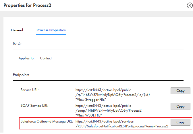 This image shows the Properties window of a process with the Service, SOAP, and Salesforce OBM URLs. 
				