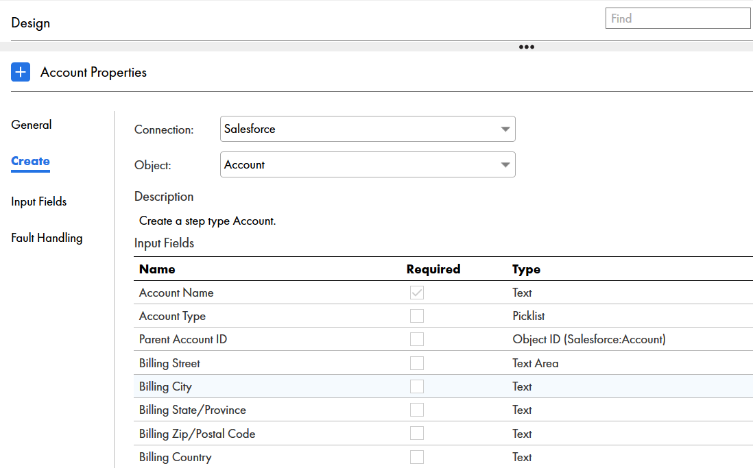 You can view the input fields for the Salesforce account object. 
		  