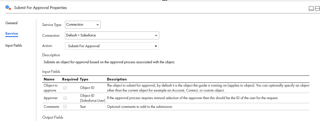 This image shows a the properties section of a Service step. A Salesforce connection with the Submit For Approval action is selected. 
		  