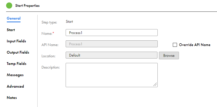 You can view the General tab in the process properties panel. 
				  