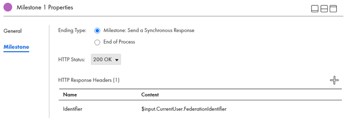 The image shows the Ending Type set to Milestone: Send a Synchronous Response, HTTP Status, and a HTTP response header 
		  