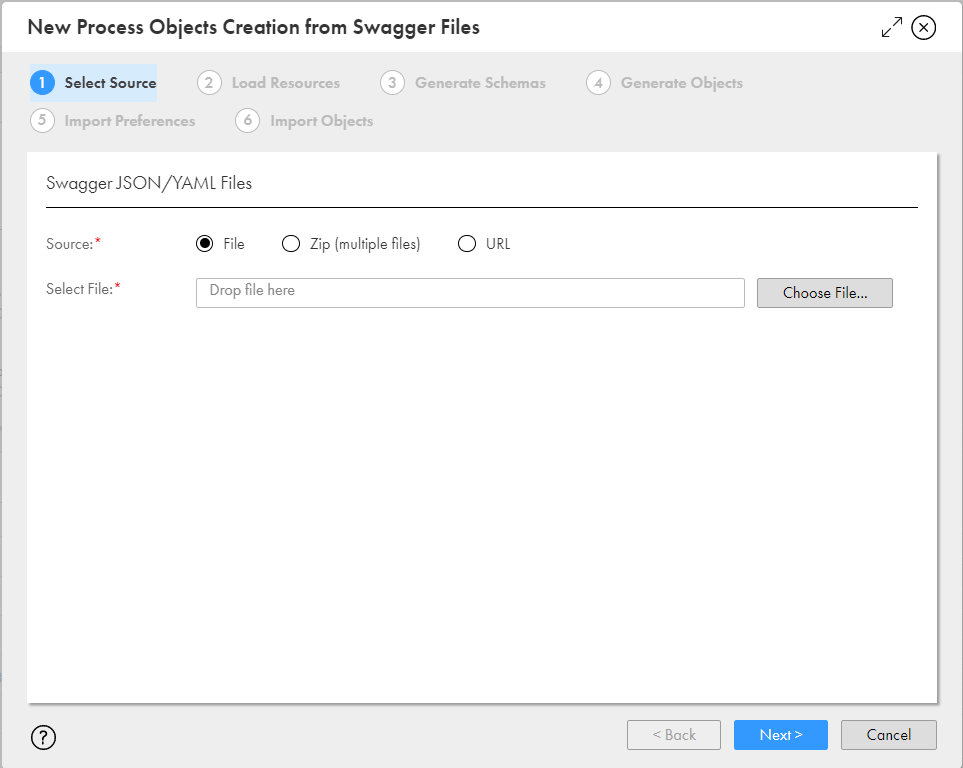 The image shows the New Objects Process Creation from Swagger Files dialog box. 
				  