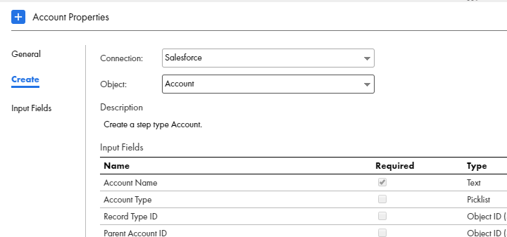 This image shows the Create tab with the Salesforce Account selected. 
		  