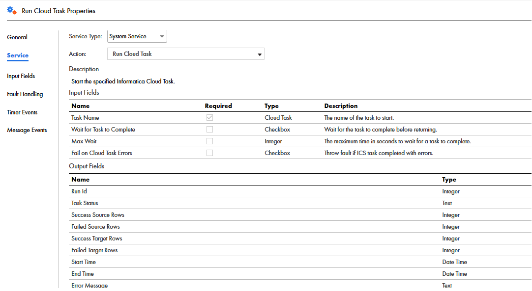 The image shows the input fields that you can configure for a Run Cloud Task Service step.
				