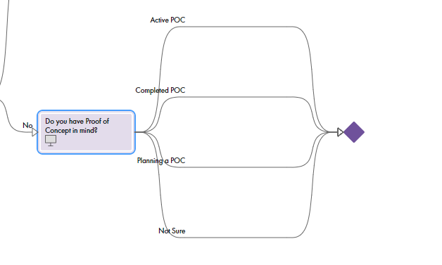 This image shows a canvas view of the Screen step. Four branches emerge from it, one for each possible outcome. 
		  