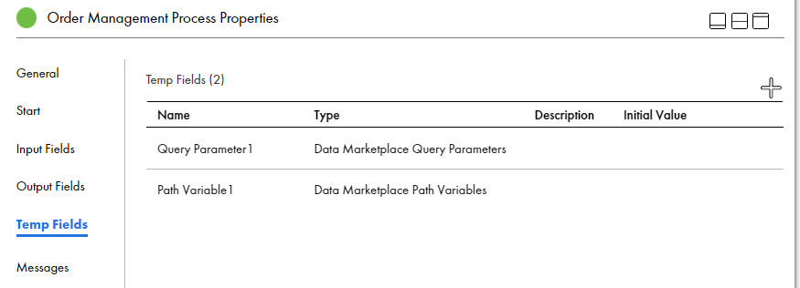 The image shows the temporary fields that you can configure for a Data Marketplace API. 
		  