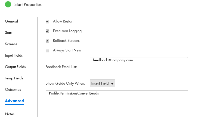 This image shows the Advanced tab of the Start step. All fields have data except for the Always Start New option, which is unchecked. 
		  