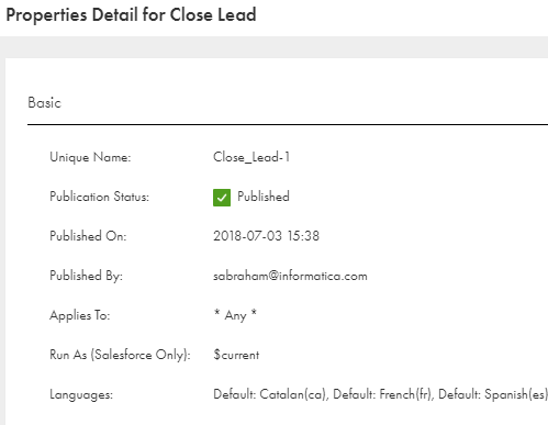 This image shows the guide Properties Details window. The Default and additional languages are available. 
		  