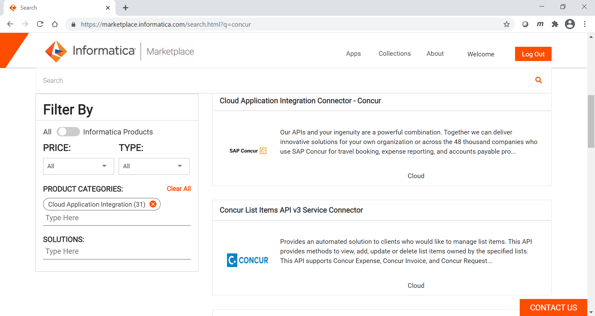 The image displays some sample Cloud Application Integration service connectors on Informatica Marketplace.
				  