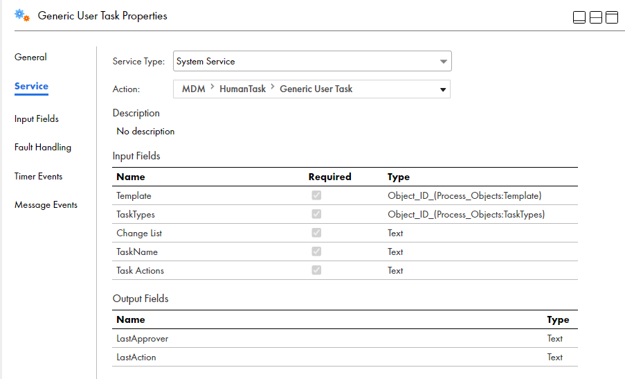 The image shows the input and output fields that you can configure for a General User Task. 
		