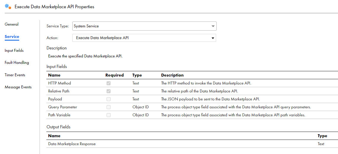 The image shows the input fields that you can configure for a Data Marketplace API. 
		