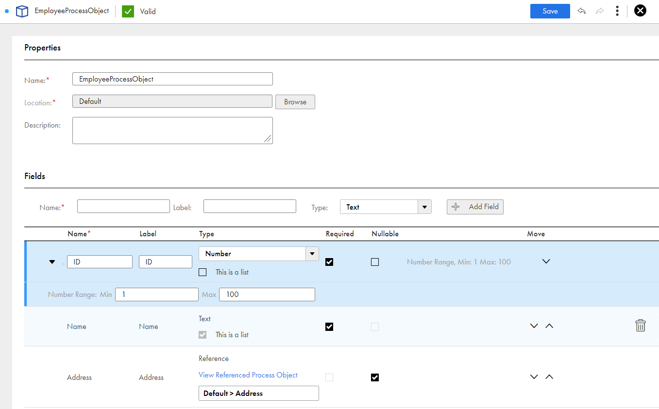 The image shows an Employee process object with three fields namely, ID, Name, and Address. 
				  