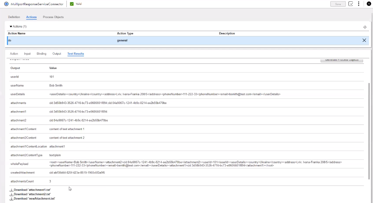 The image shows a multipart response with options to download all the attachments. 
		  