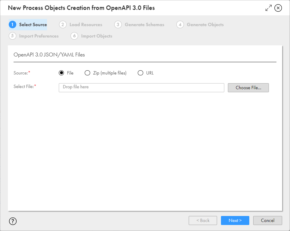 The image shows the New Process Object Creation from OpenAPI 3.0 Files dialog box. 
				  