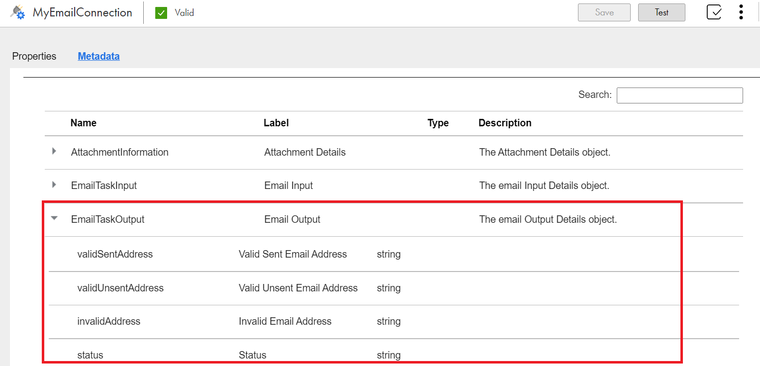 The image shows the EmailTaskOutput object with the validSentAddress, validUnsentAddress, invalidAddress, and status fields. 
				  