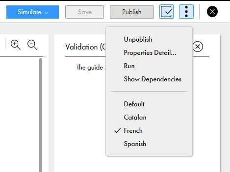 This image shows the languages available in the Actions list with French highlighted. 
			 