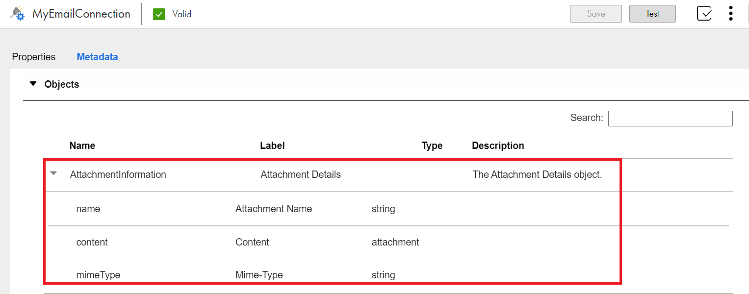 The image shows the AttachmentInformation object with the name, content, and mimeType fields. 
				  