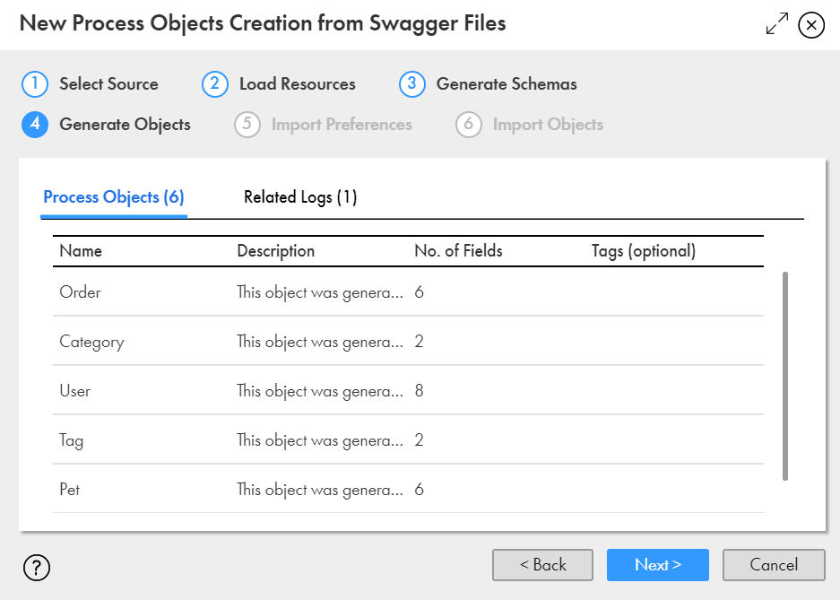 The image shows the Generate Objects tab with the process object details. 
				  