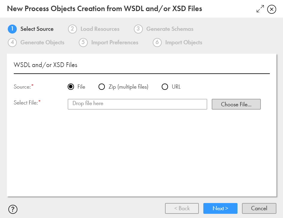 The image shows the New Objects Process Creation from WSDL and/or XSD Files dialog box. 
				  