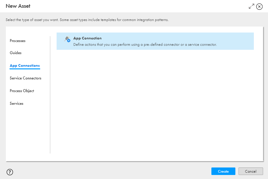 The image shows the New Asset dialog box using which you can create an app connection. 
				