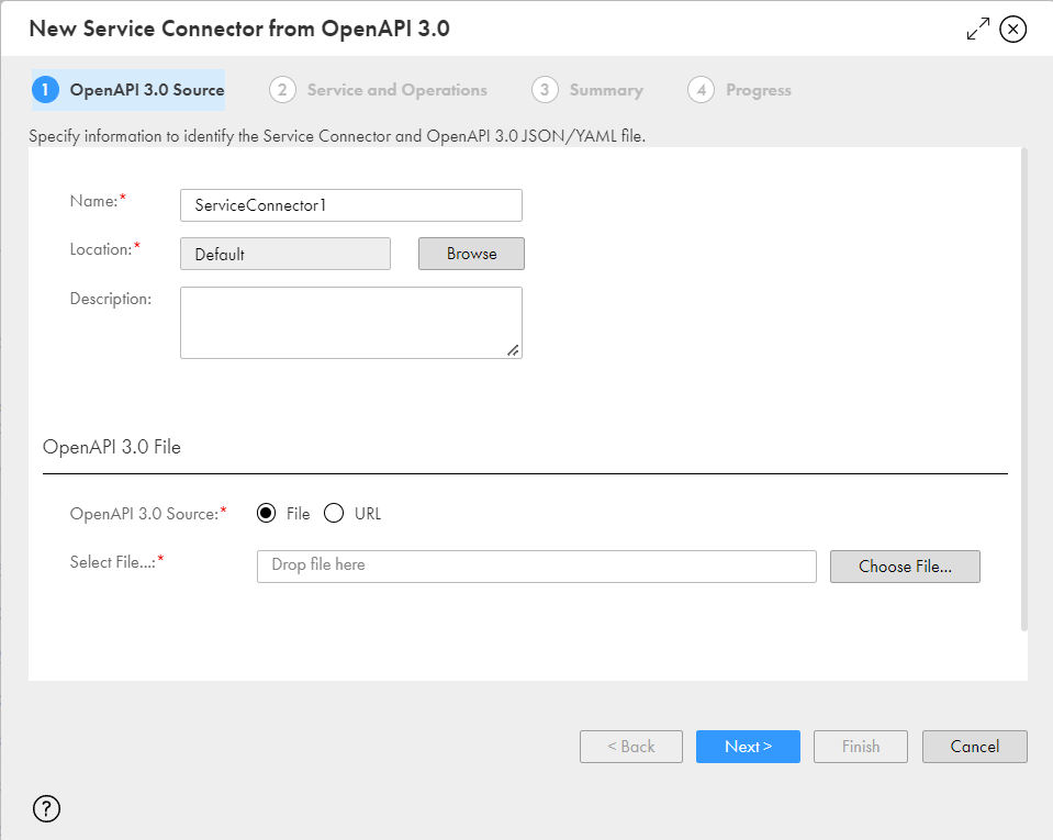 The image shows the OpenAPI 3.0 Source tab in the New Service Connector from OpenAPI 3.0 dialog box. 
				  