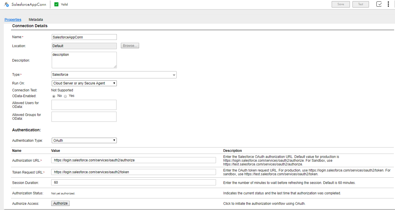 The image shows the connection properties for a Salesforce connection. 
		  