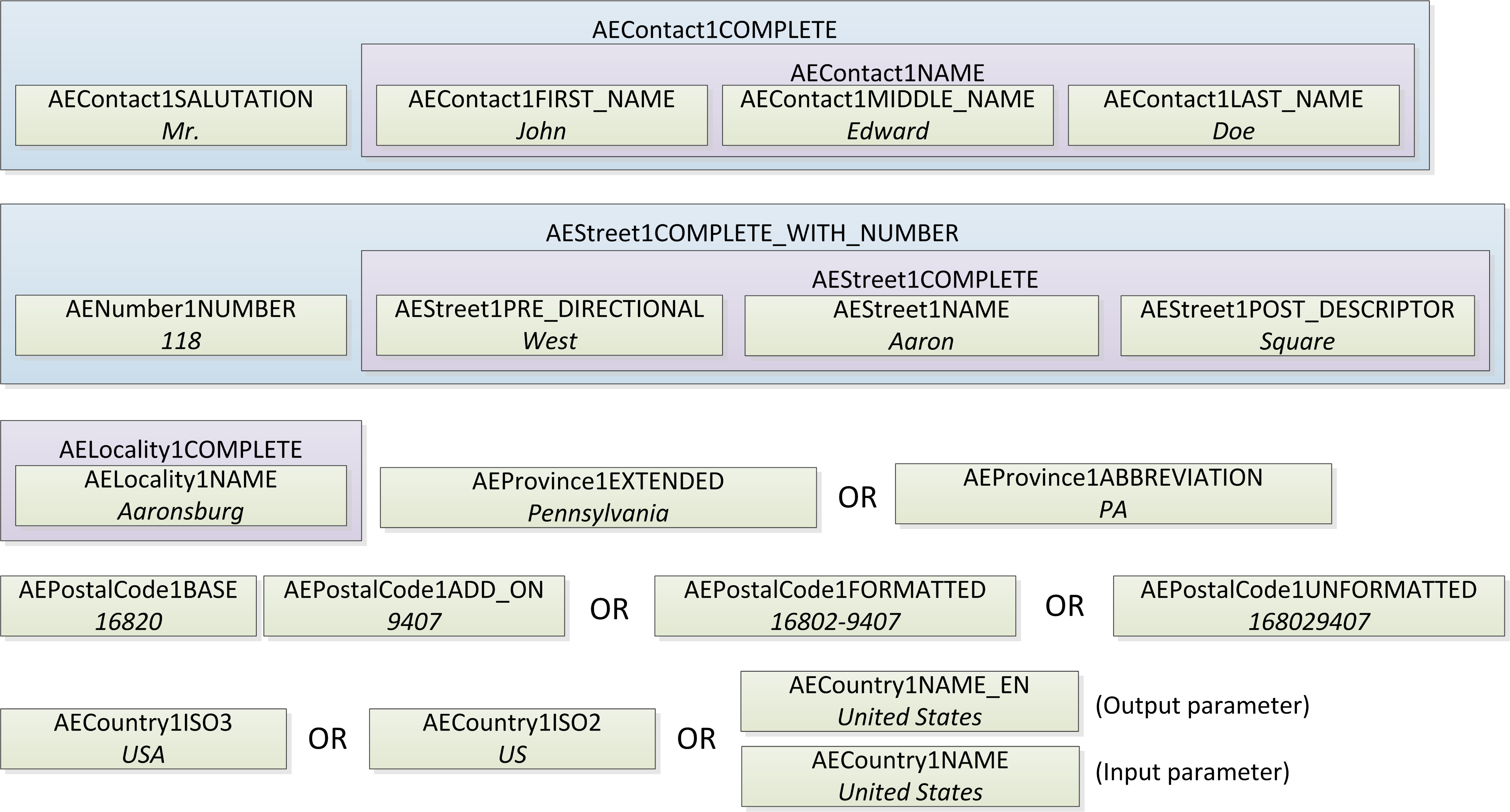 An example of the AddressDoctor 5 parameters applied to an address in US 
		