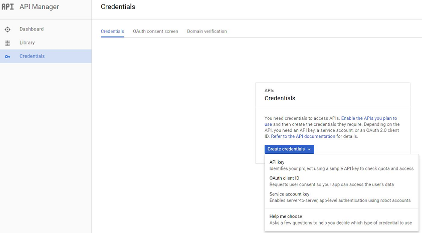 The image shows the Credentials page where you can create a service account and obtain a service account key. 
				