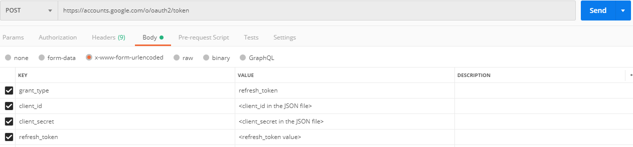 The image shows the key-value pairs to generate a new access
									token in the Body tab. 