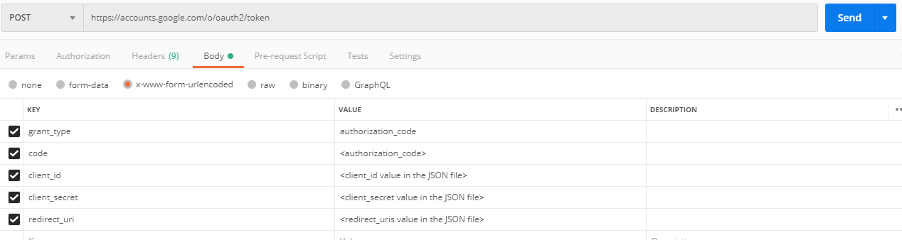 The image shows the key-value pairs to generate a refresh token
									and access token in the Body tab. 