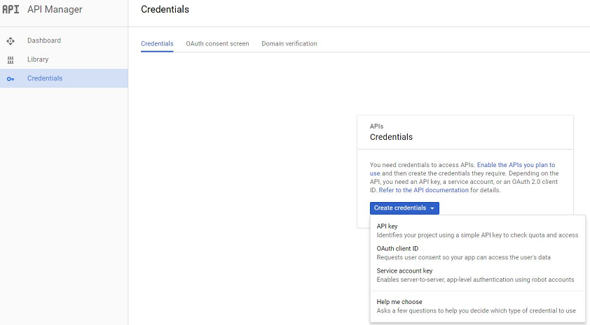 The image shows the Credentials page where you can create a service
							account and obtain a service account key. 