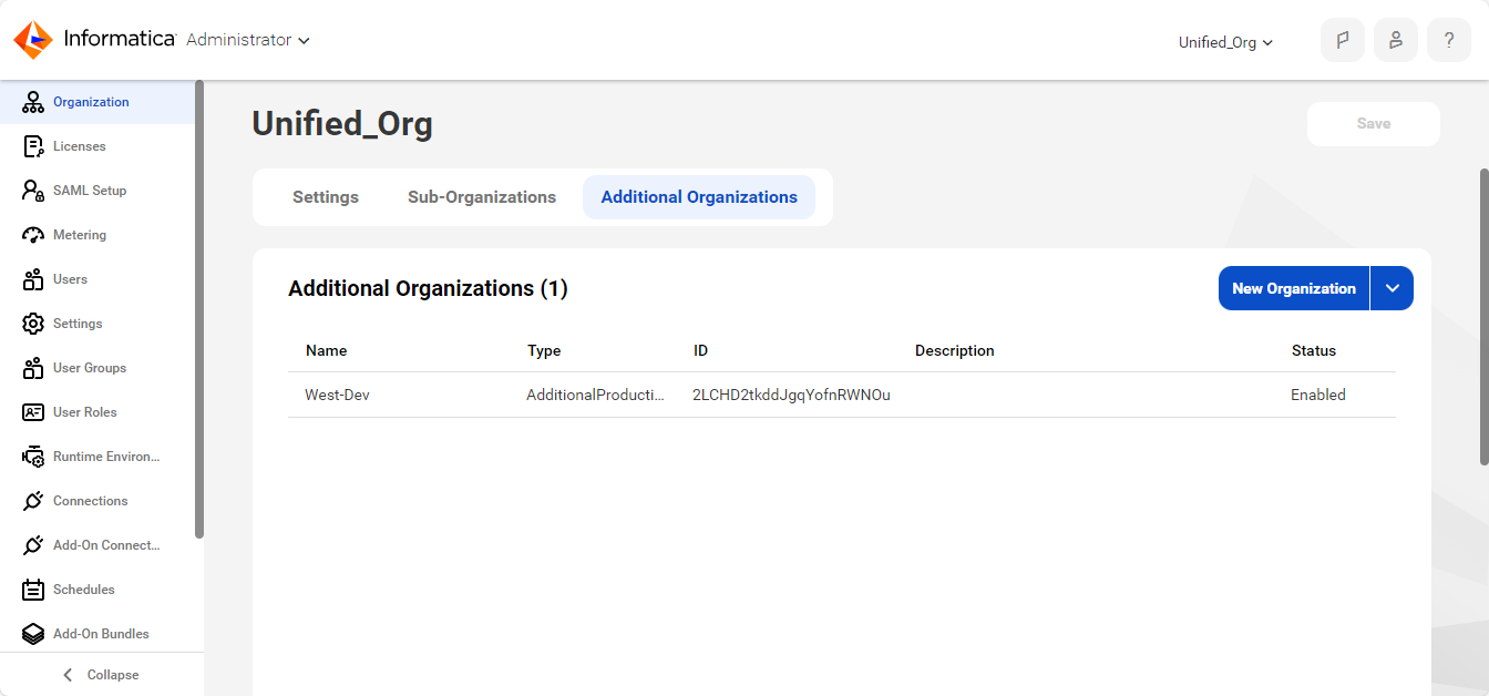 The Additional Organizations tab of the Organization page lists the sandbox organizations and additional production organizations. The organization name, type, ID, and status is displayed for each organization. 
		  