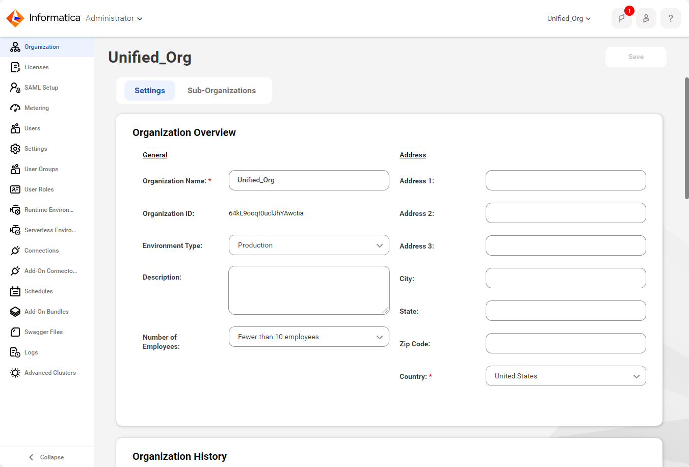 The Organization page displays details about the organization that include the name and address properties, authentication properties, and Data Integration service properties. 
		  