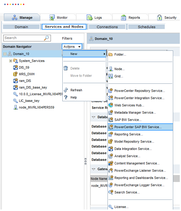 A imagem mostra a opção de interface do usuário que você deve usar na ferramenta Administrator para criar um Serviço SAP BW para o PowerCenter. 
			 
