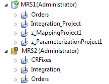 MRS1 is a versioned Model repository that contains four projects. The icon of MRS1 is decorated with a green check mark to show it is a versioned repository. The Model repository MRS2 is not versioned. Its icon is decorated with a yellow gear icon.
		  