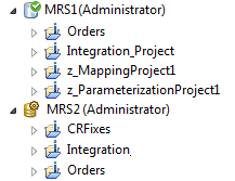 O MRS1 é um repositório do modelo com versão que contém quatro projetos. O ícone do MRS1 é decorado com uma marca de seleção verde para mostrar que é um repositório com versão. O MRS2 do repositório do modelo não é com versão. Seu ícone é decorado com um ícone de engrenagem amarelo.
		  